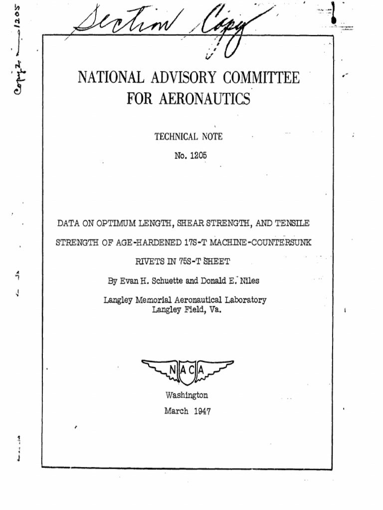 NACA-TN-1205 Tensile Strength Countersunc Rivets | PDF