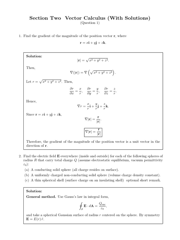 Vector Calculus and Electrostatics Solutions | PDF | Acceleration | Sphere
