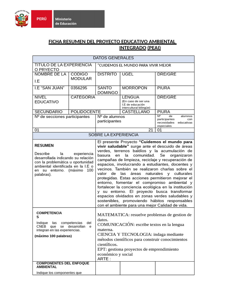 Ficha Resumen Del Proyecto Educativo Ambiental Integrado San Juan para ...