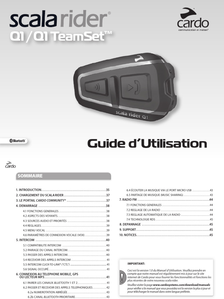Guide d'utilisation scala rider Q1 | PDF | Casque audio | Bluetooth