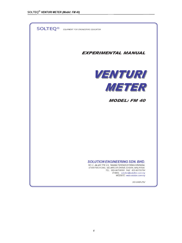 SOLTEQ Venturi Meter FM 40 Overview | PDF | Flow Measurement | Pressure ...