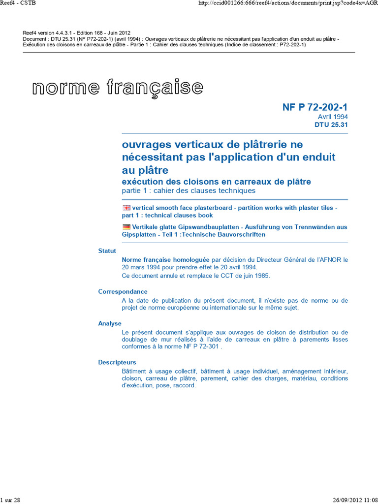 Norme DTU 25.31 : Cloisons en plâtre | PDF | Plâtre | Bois (matériau de ...