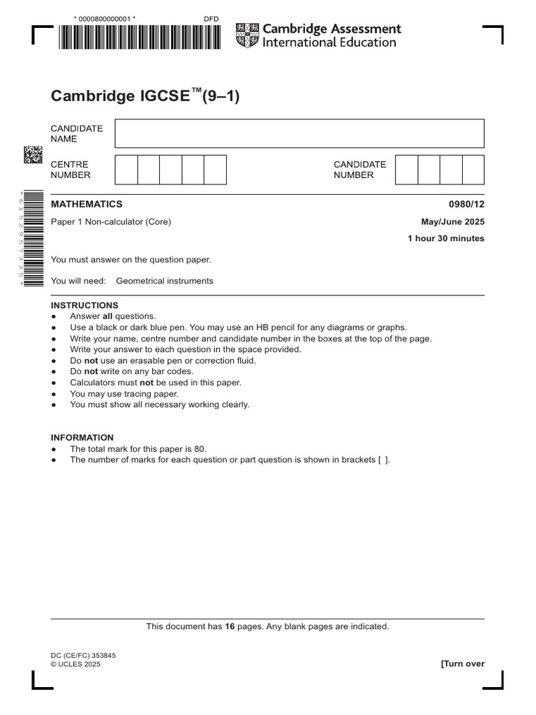Cambridge IGCSE Mathematics Paper 1 | PDF | Area | Volume