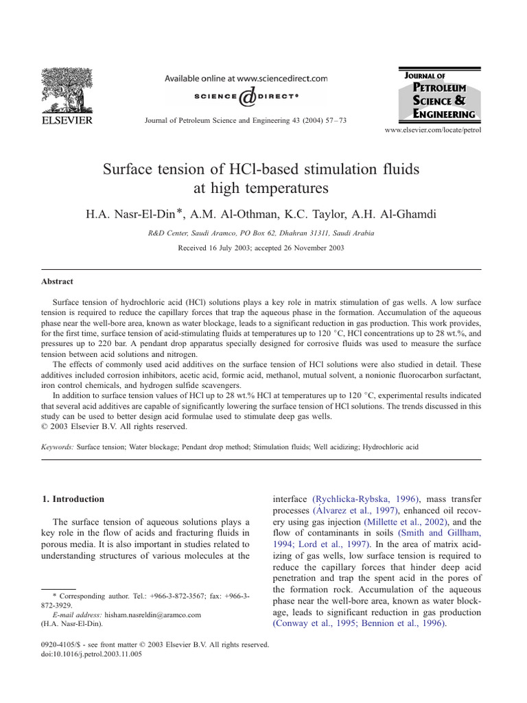 Surface Tension of HCl Stimulation Fluids | PDF | Acid | Hydrochloric Acid