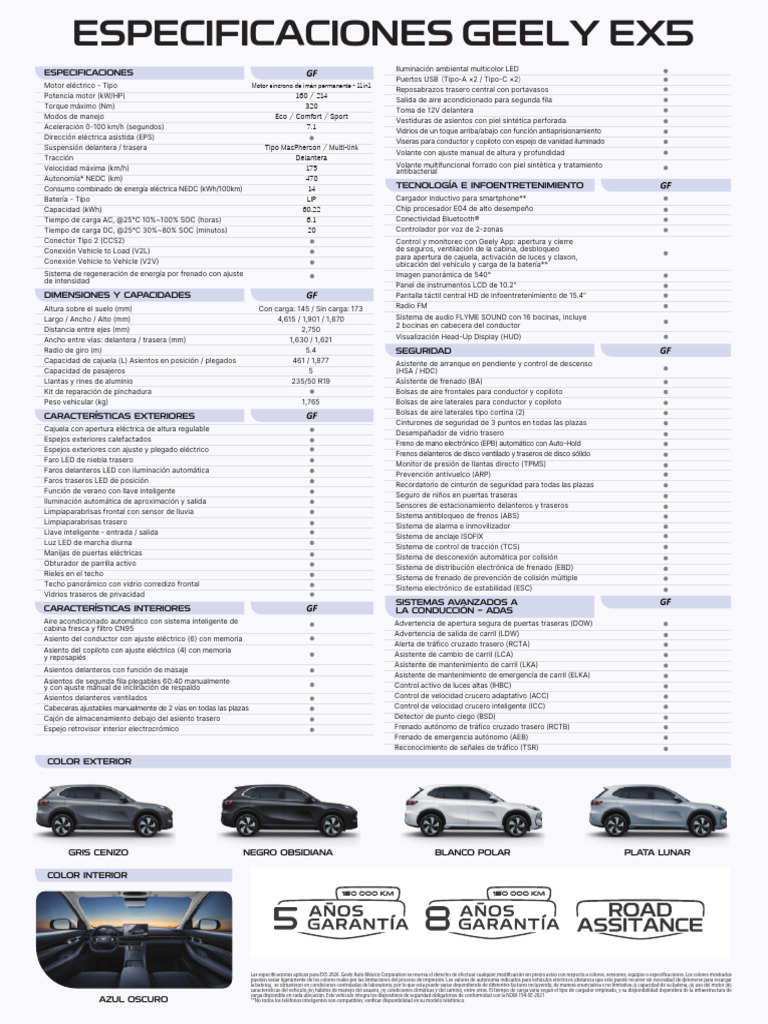 Especificaciones Geely EX5 2026 | PDF | Airbag | Cargador de batería