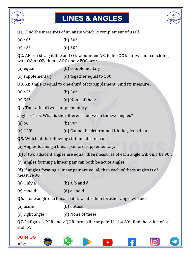 Lines and Angles Practice Questions | PDF | Angle | Euclid