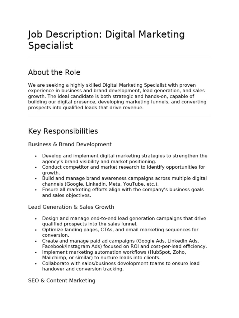 Digital Marketing Specialist Job Description | PDF | Digital Marketing ...