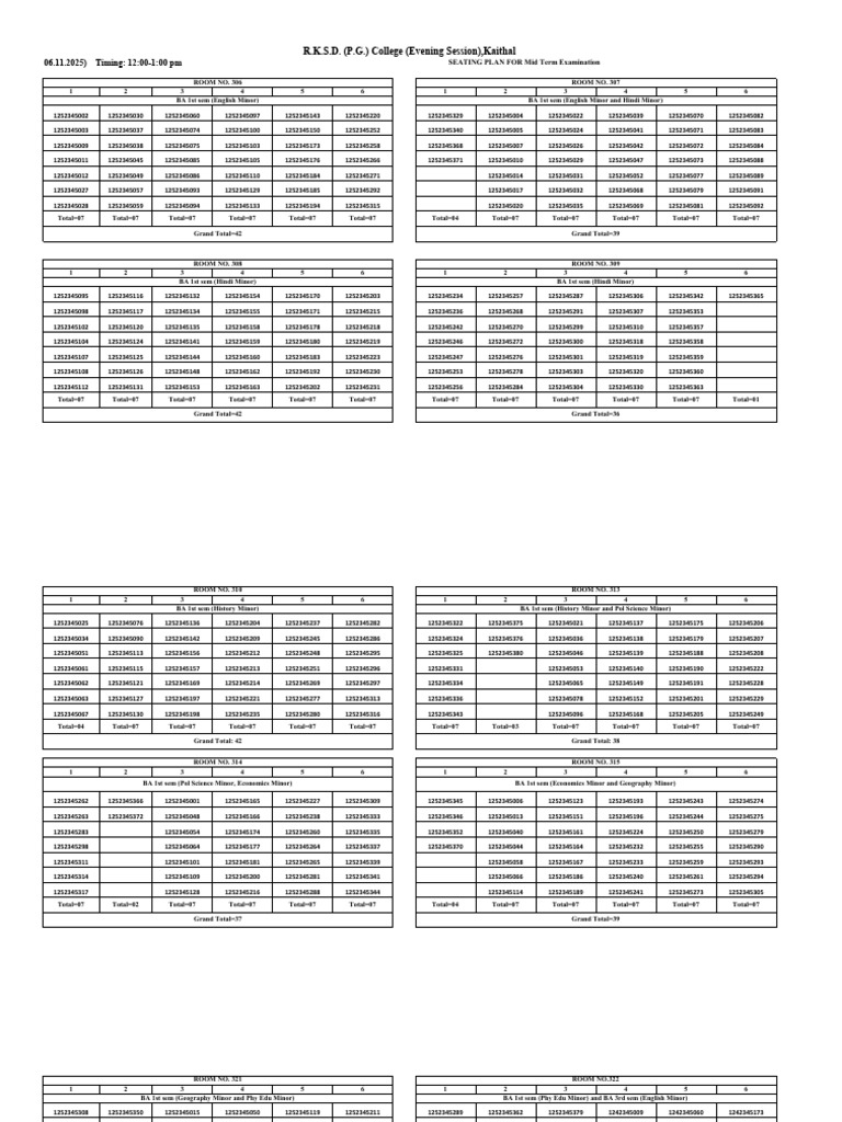 Mid Term Exam Seating Plan 2025 | PDF