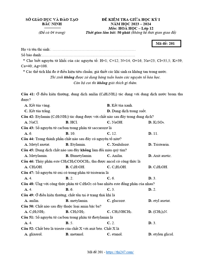 De Giua Hoc Ky 1 Hoa Hoc 12 Nam Hoc 2023 2024 So GDDT Bac Ninh | PDF