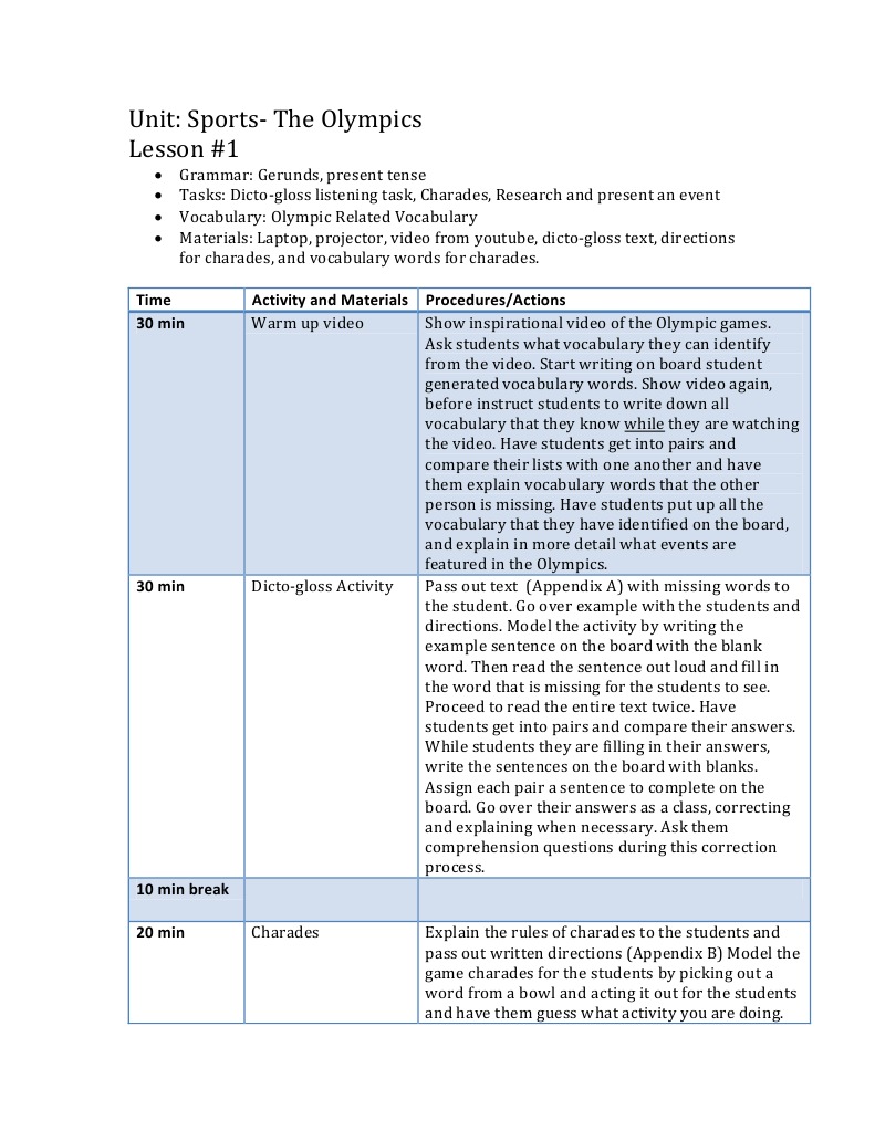 Unit: Sports-The Olympics Lesson #1: Time Activity and Materials