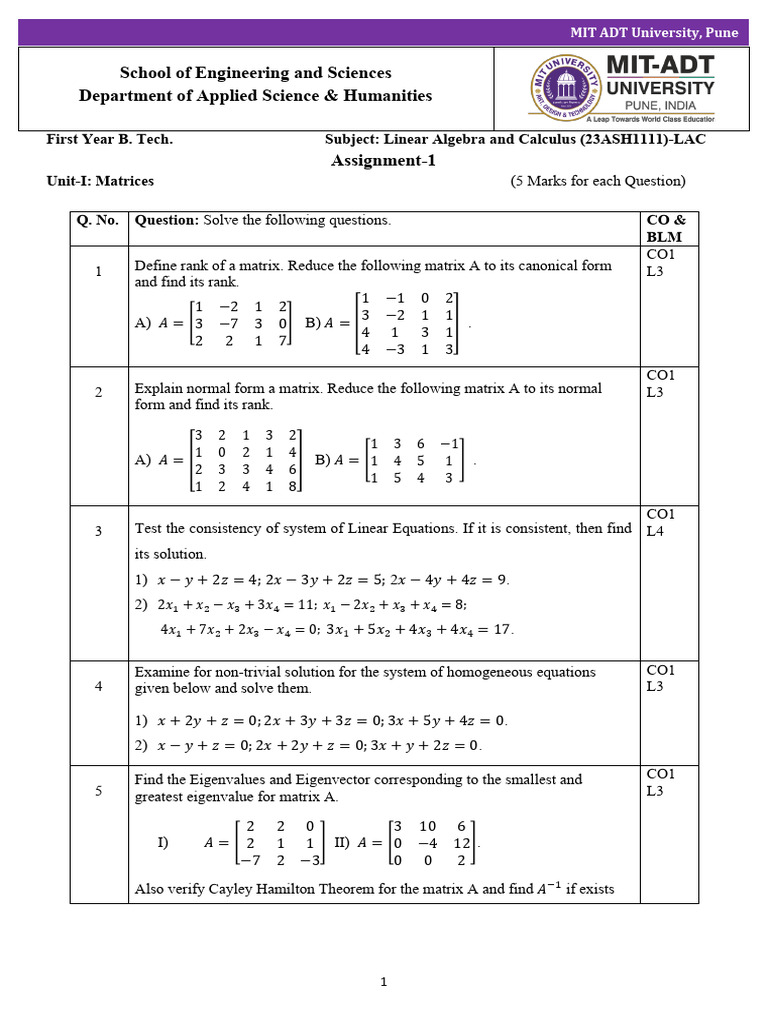 LAC Assignment No-1 Matrices | PDF | Matrix (Mathematics) | Eigenvalues ...
