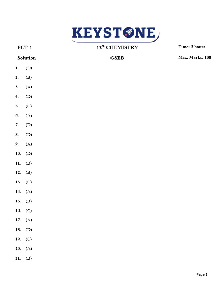 12th GSEB Chemistry FCT-1 Solution | PDF | Ligand | Chemistry
