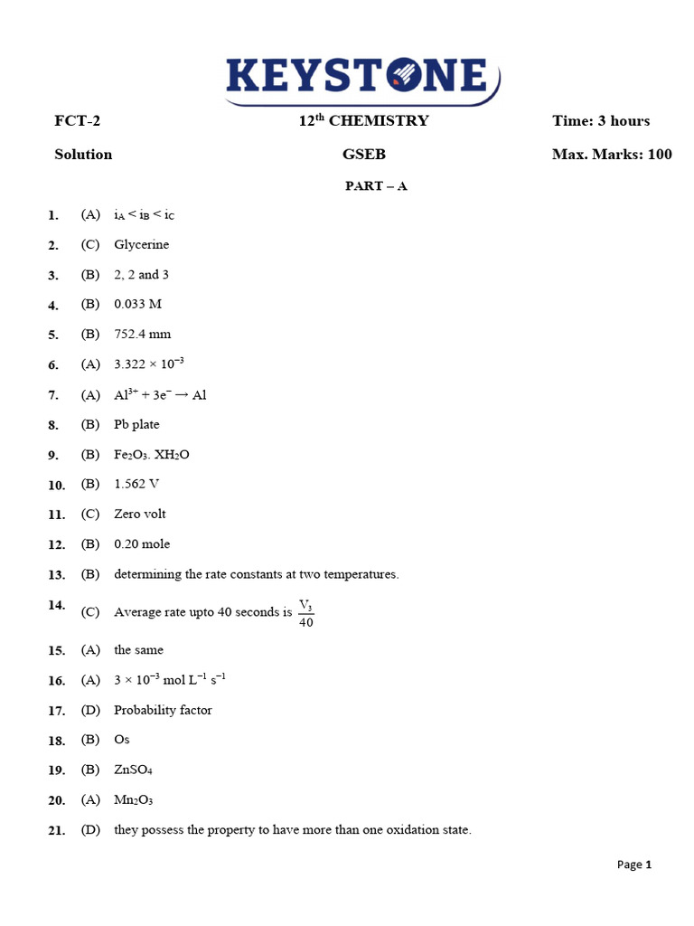 12th GSEB Chemistry FCT-2 Solution | PDF | Amine | Coordination Complex