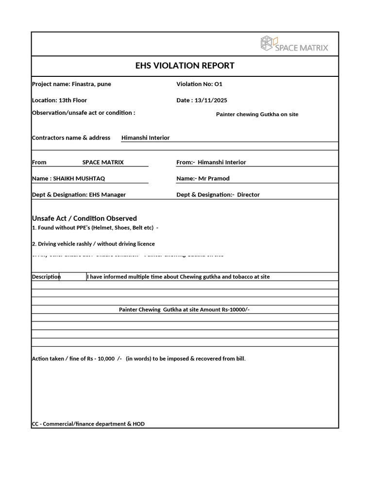 EHS Violation Report for Finastra Project | PDF