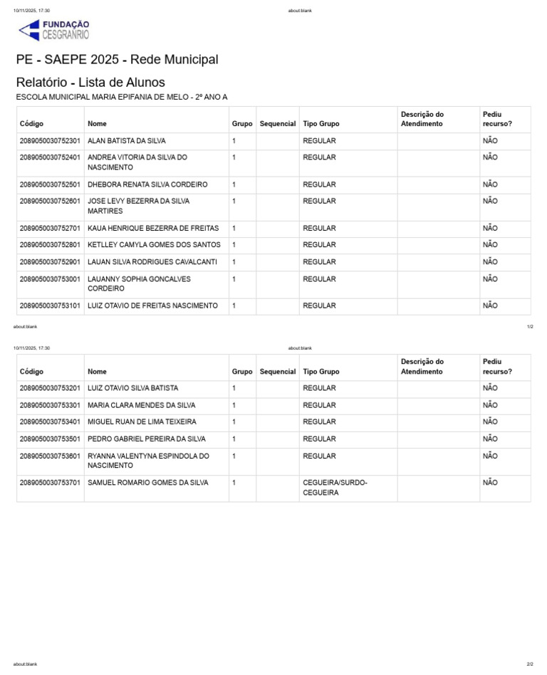 Lista de Alunos - 2º Ano A 2025 | PDF