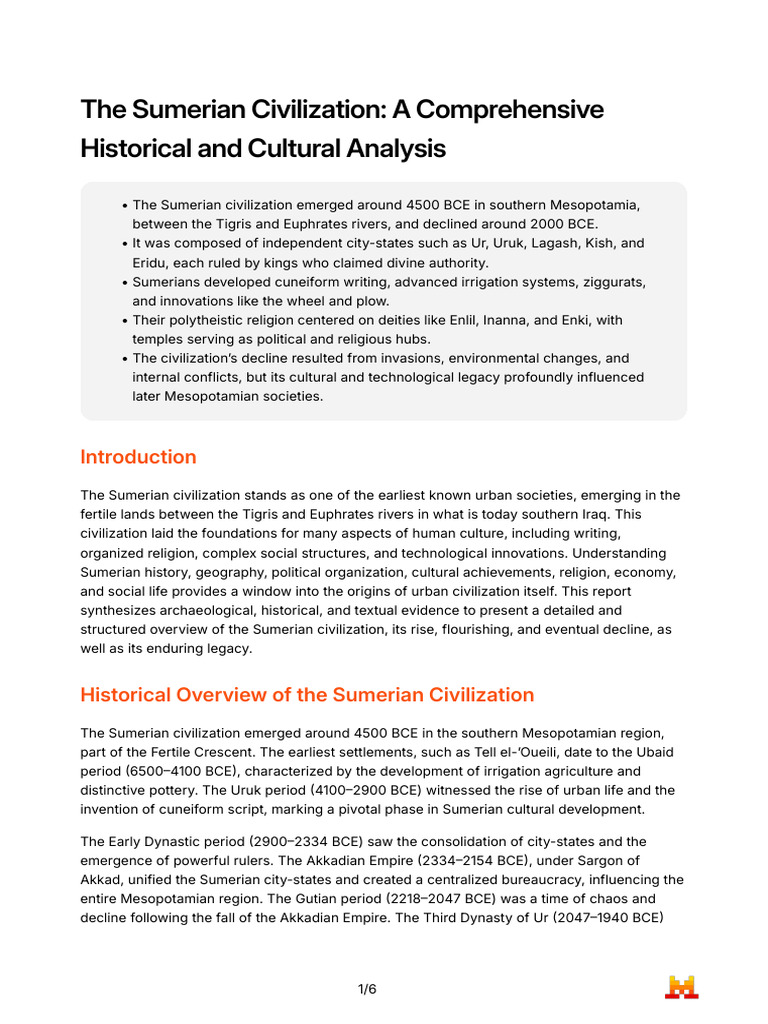 The Sumerian Civilization A Comprehensive Historical and Cultural ...