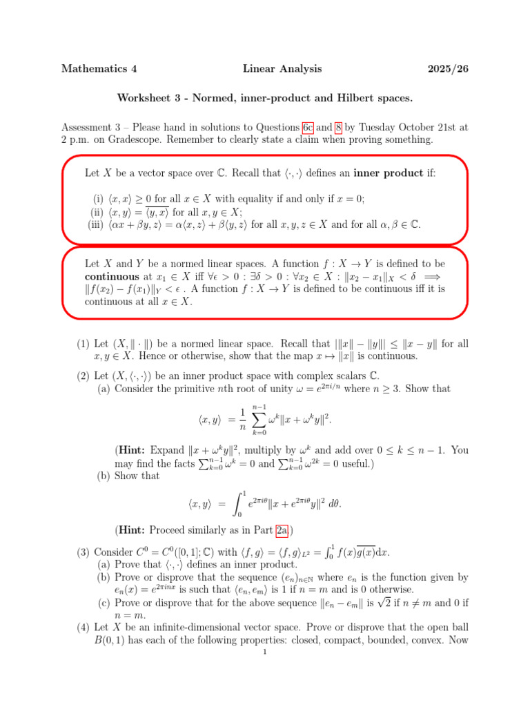 Normed and Hilbert Spaces Worksheet | PDF | Vector Space | Abstract Algebra