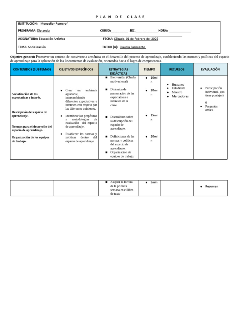Plan de Clase para Educación Artística | PDF | Aprendizaje | Cognición