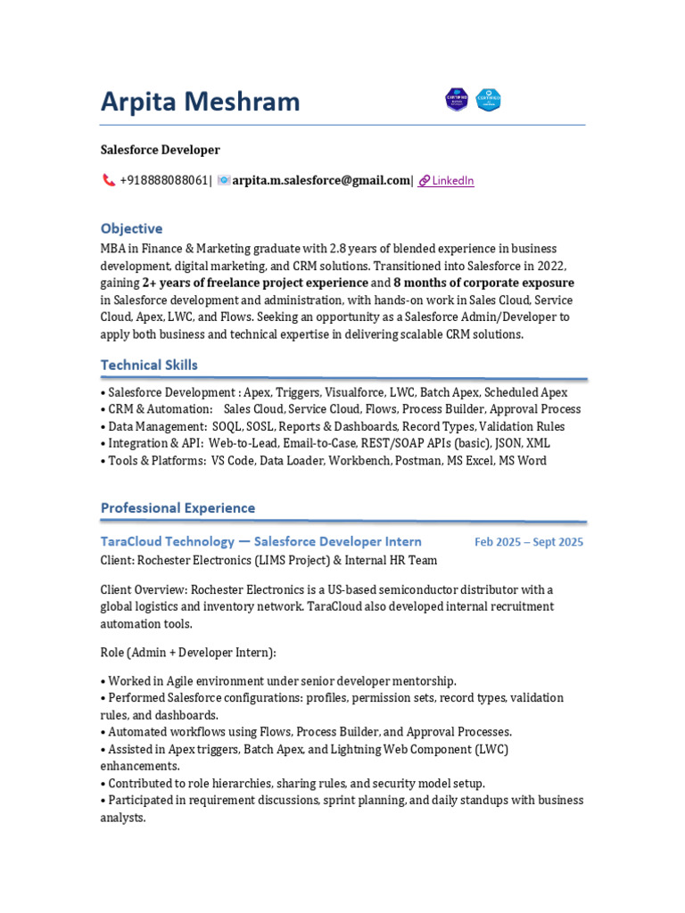 Salesforce Developer Resume Summary | PDF | Customer Relationship ...