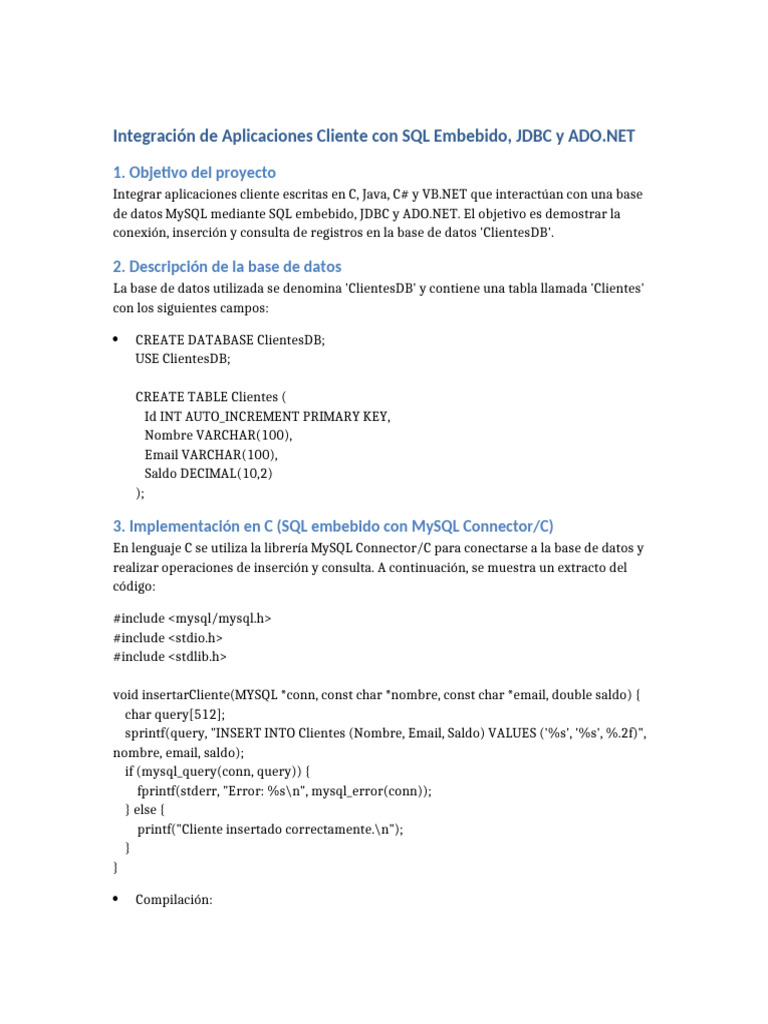 Integración de ClientesDB con SQL y JDBC | PDF | SQL | Mi sql