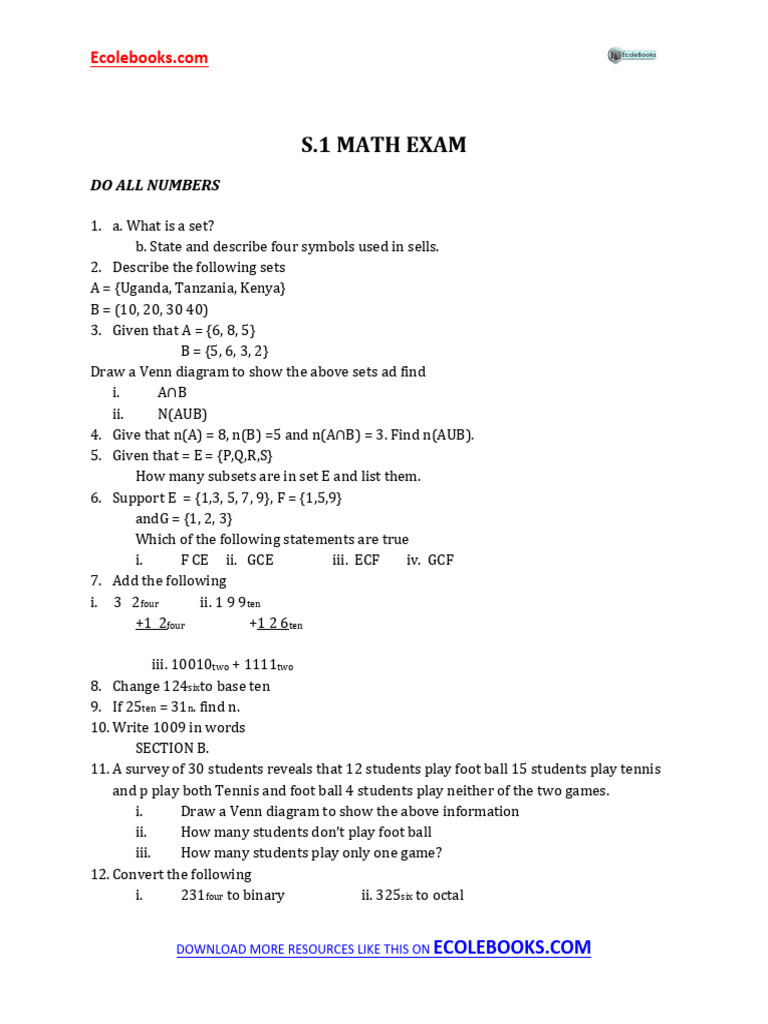 s.1 Math Revision Pastpapers | PDF