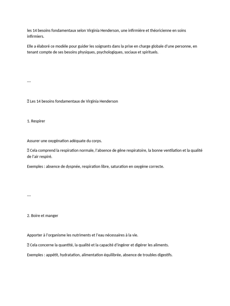 14 besoins fondamentaux de Henderson | PDF | Hygiène | Sommeil