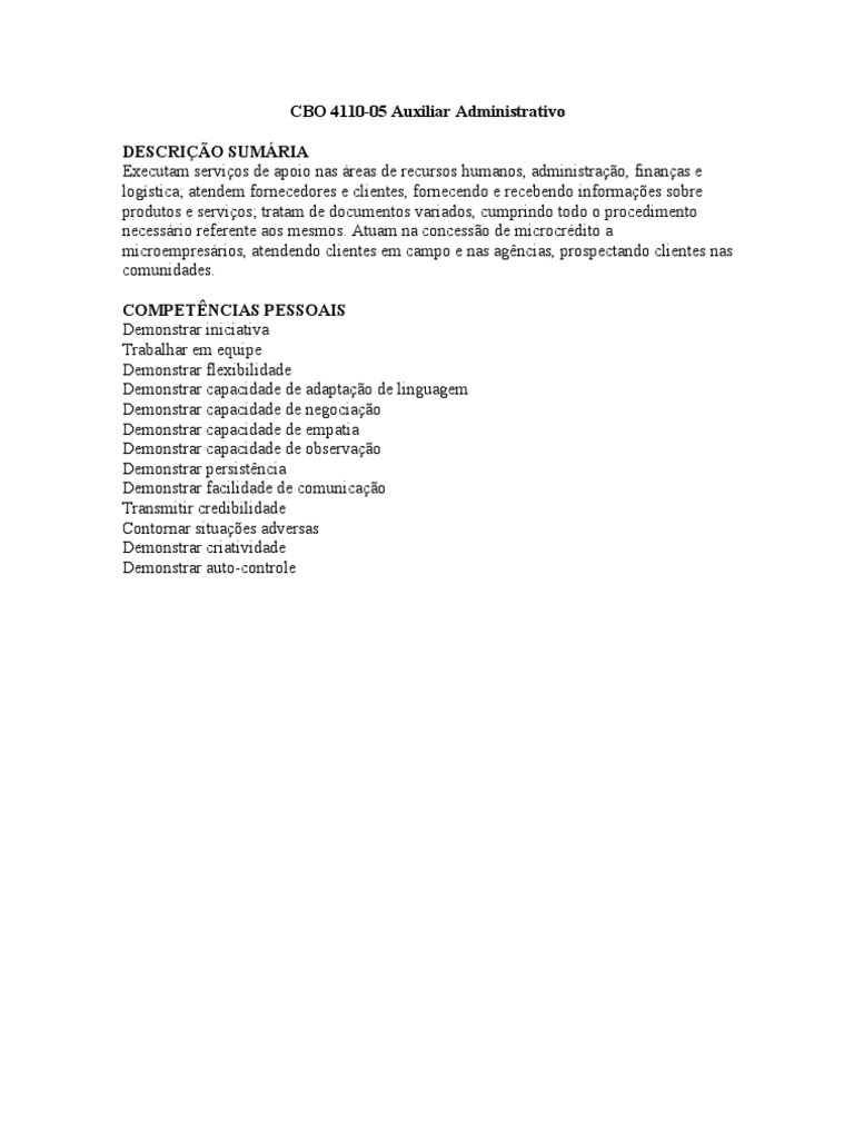 CBO 4110-05: Auxiliar Administrativo | PDF