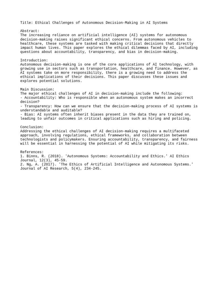 Ethical Challenges of Autonomous Decision-Making in AI Systems | PDF