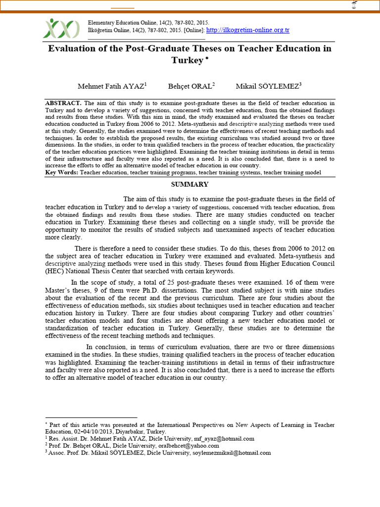 Evaluation of The Post-Graduate Theses On Teacher Education in Turkey | PDF