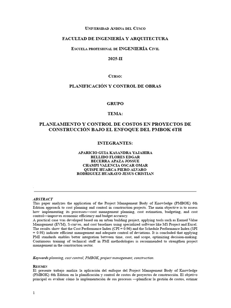 Control de Costos en Construcción PMBOK | PDF | Gestión de proyectos ...