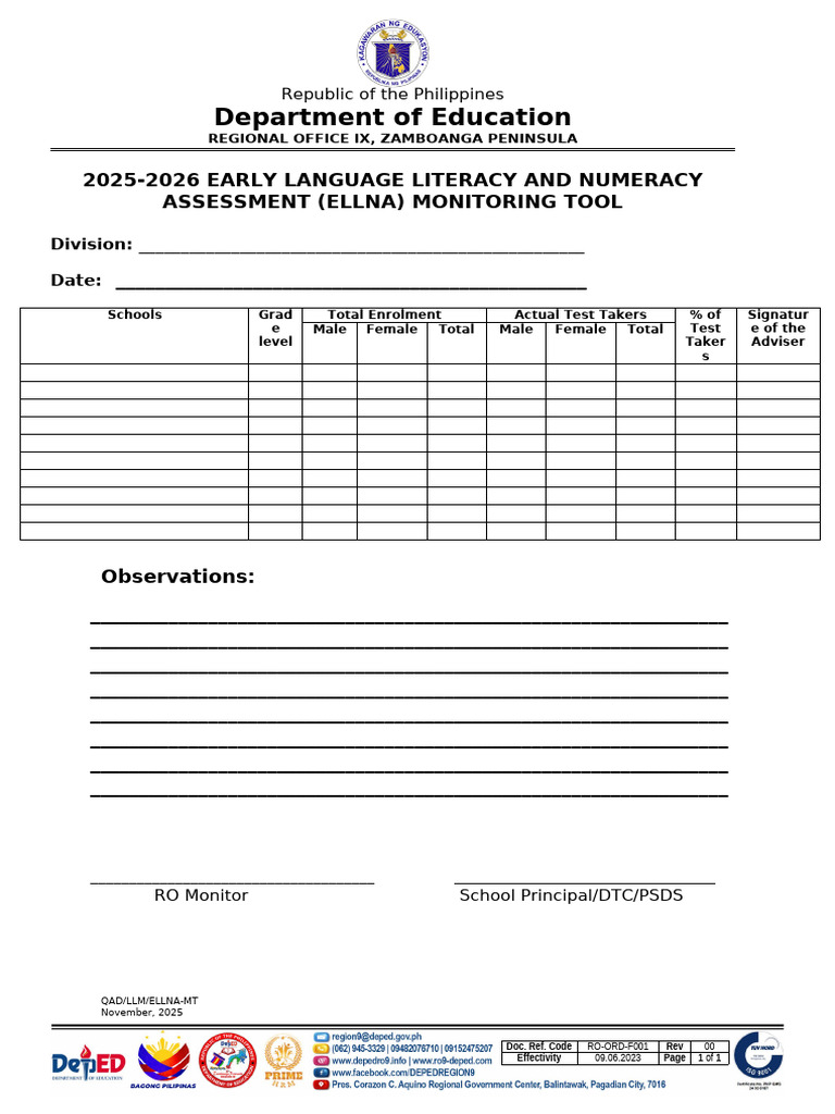 ELLNA Monitoring Tool 2025-2026 | PDF