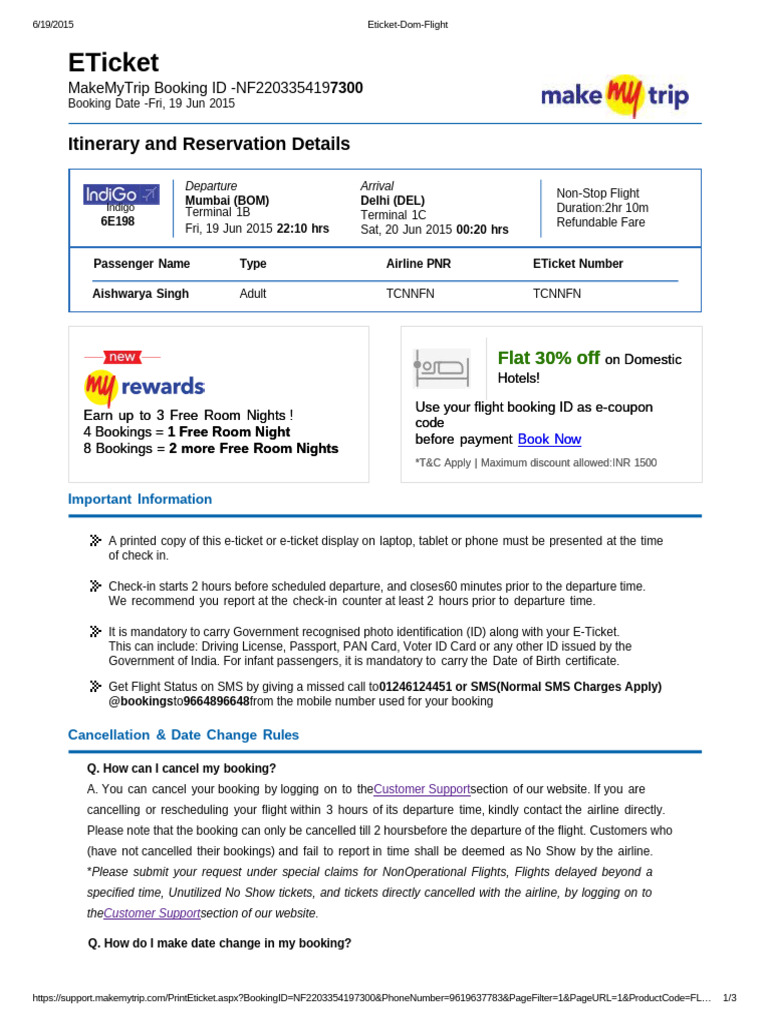 292637744 Sample Makemytrip Flight Ticket | PDF