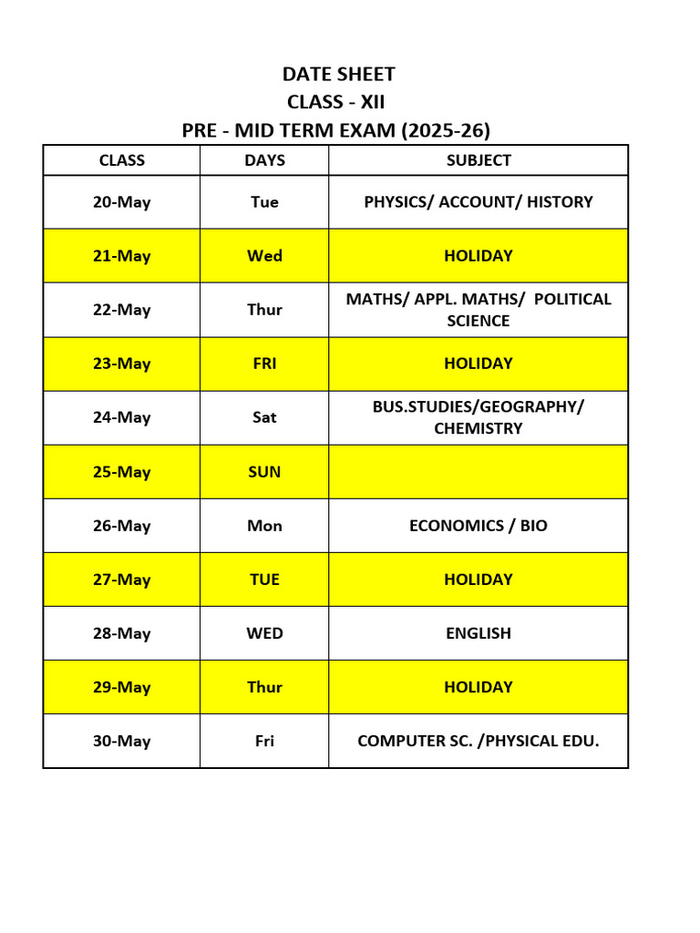 Class XII Pre-Mid Term Exam Schedule | PDF