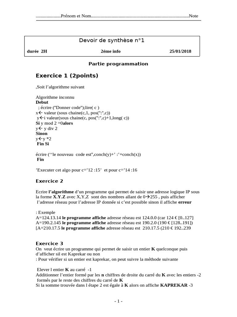 Exercices d'algorithmes en programmation | PDF | Algorithmes ...