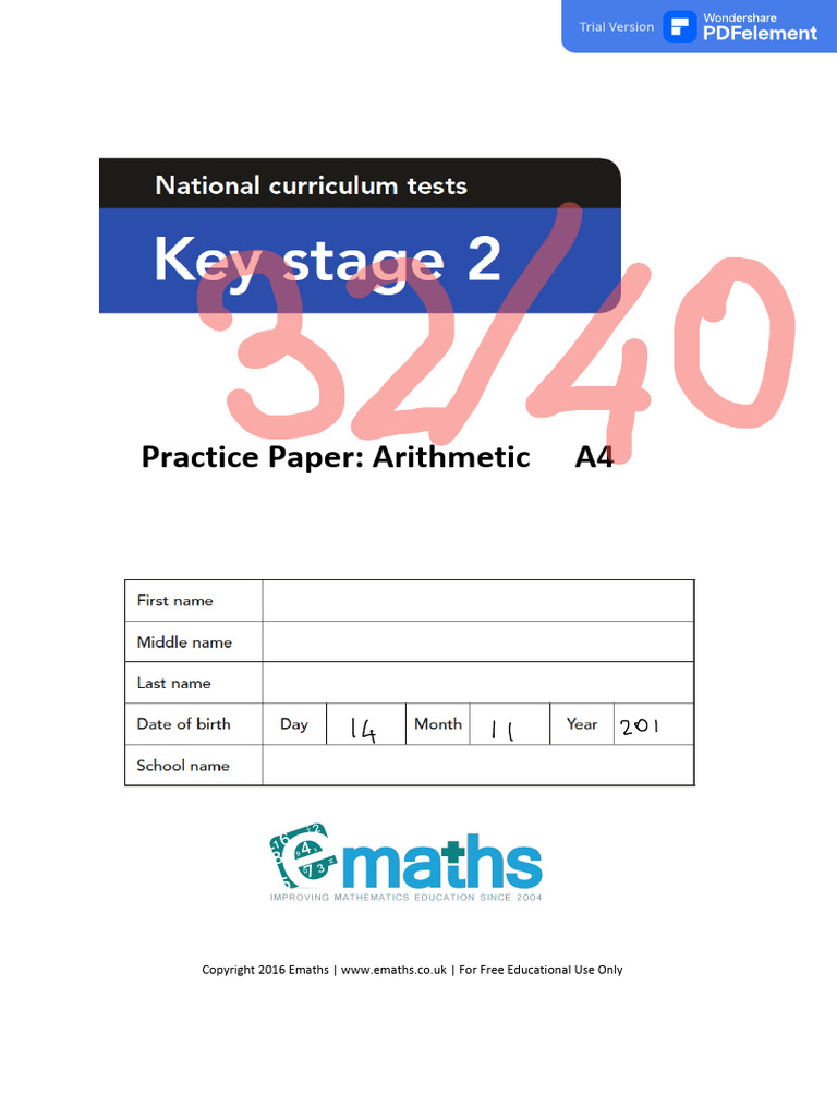 Key Stage 2 Arithmetic Practice Paper A4 1 | PDF | Educational Stages ...