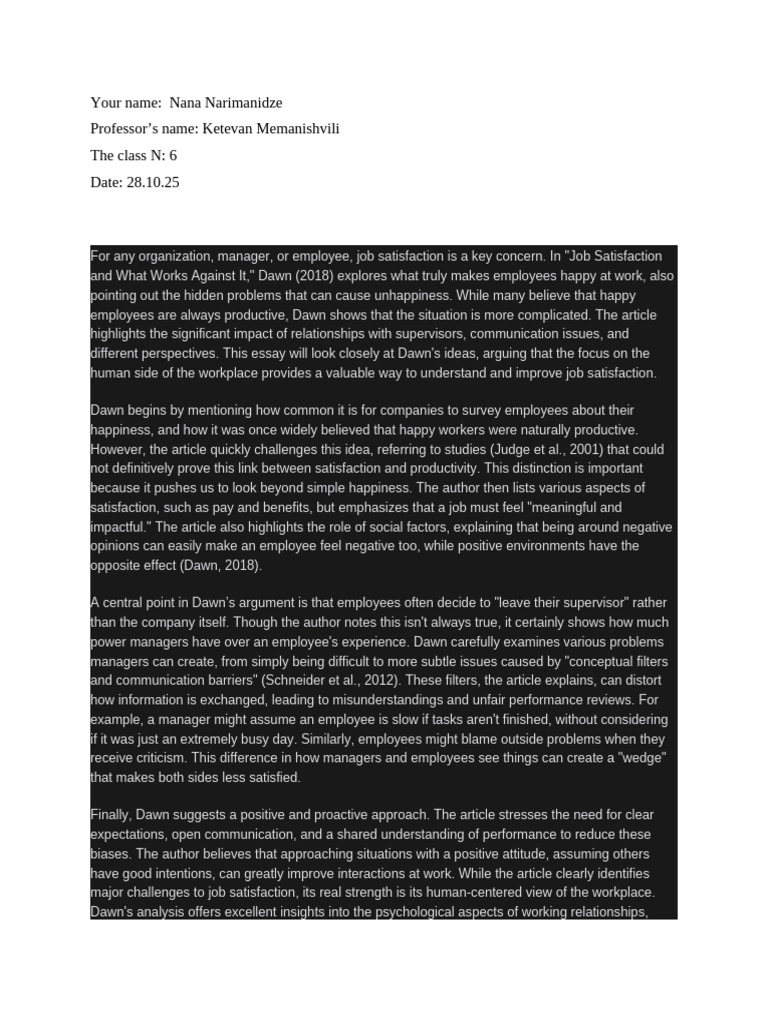 Critical Analysis Essay | PDF | Job Satisfaction | Employment