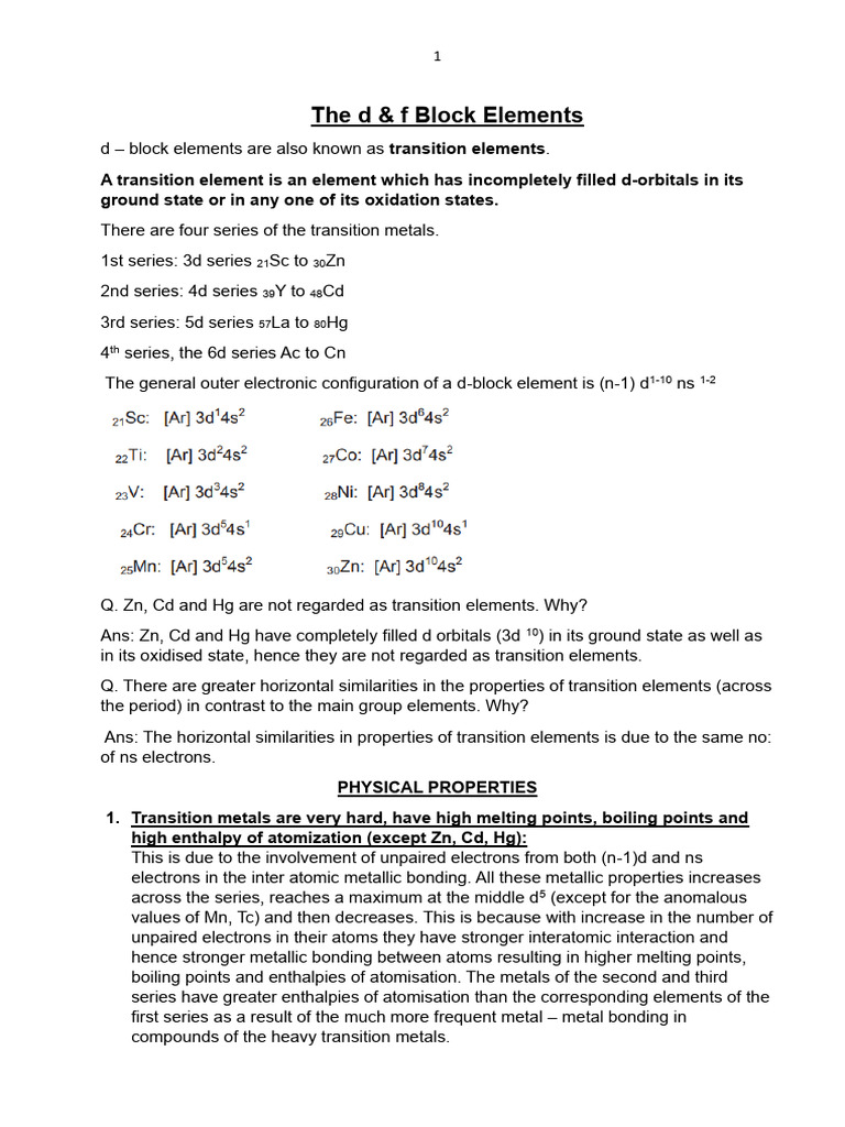 The D and F Block Elements - NOTES | PDF | Transition Metals | Lanthanide