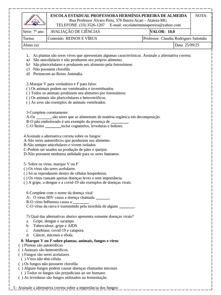 Prova 7 Ano Virus, Fugos e | PDF | Vírus | HIV/AIDS