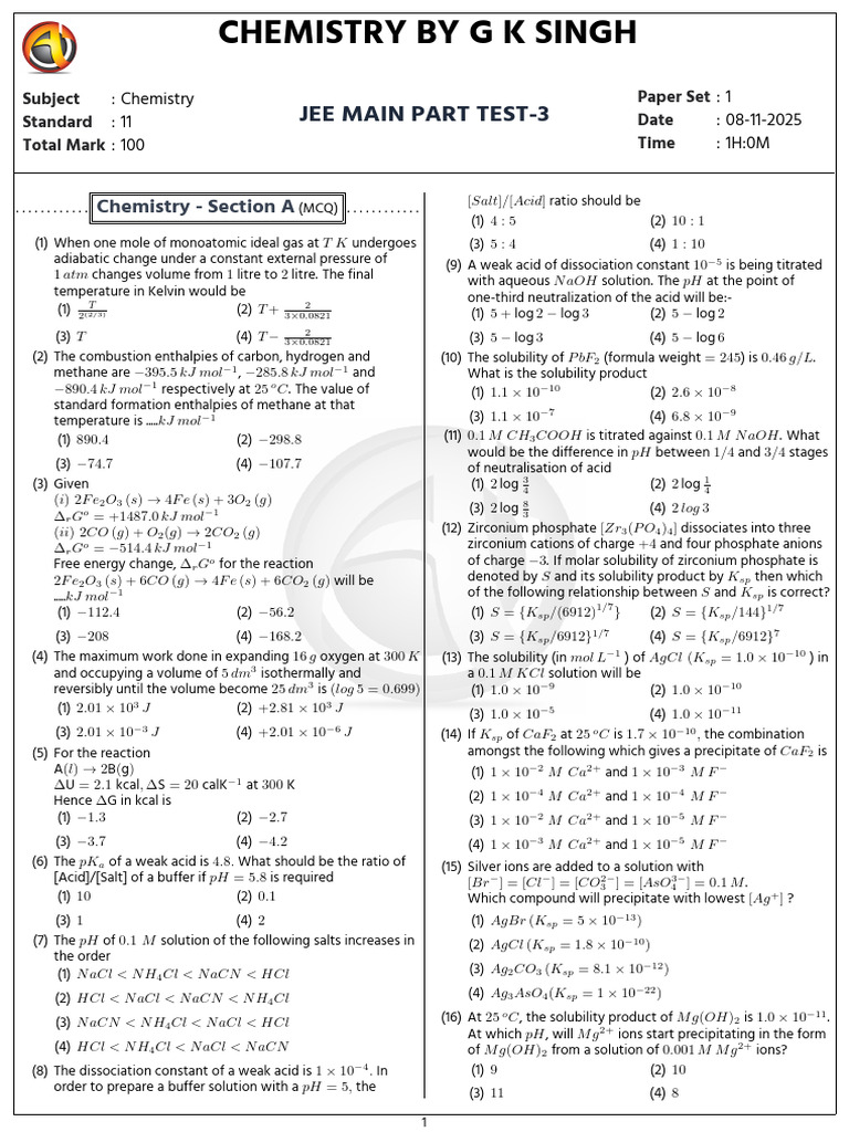 JEE Main Chemistry Test 3 Solutions | PDF | Acid Dissociation Constant ...