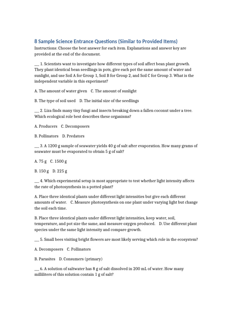 PSHS Sample 8 Questions | PDF | Soil | Plants