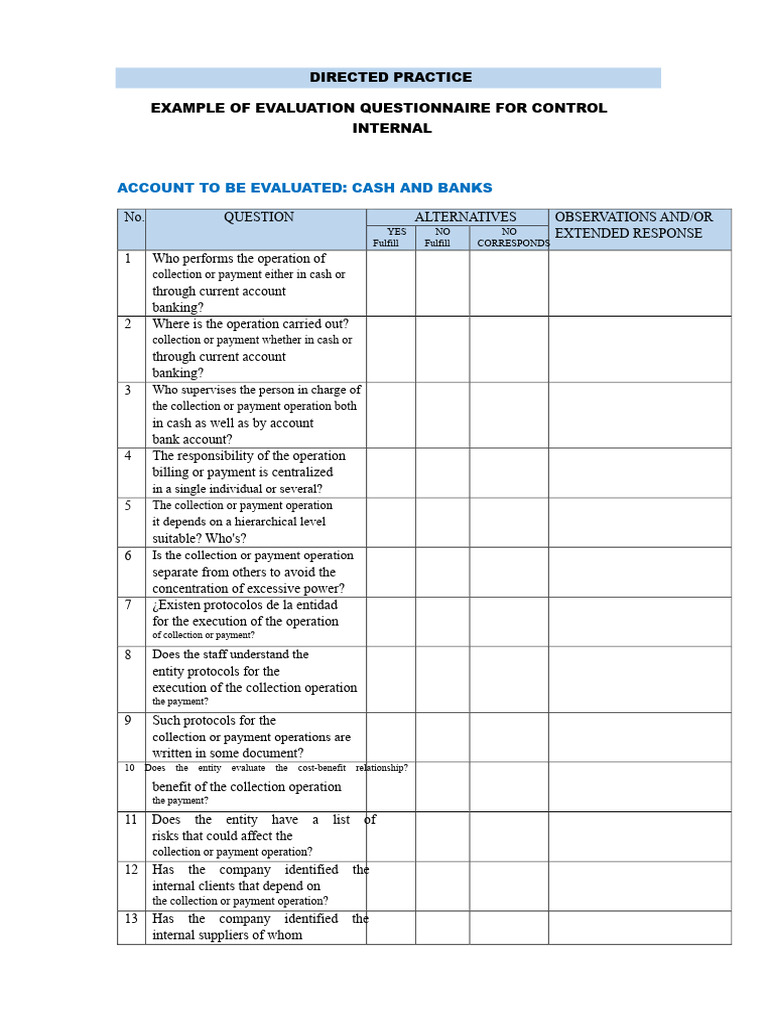 Evaluation Questionnaire for Cash Operations | PDF | Cash | Internal ...