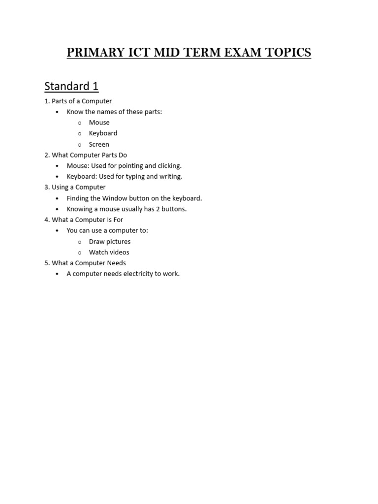 Std 1 Ict Mid Term Exam Topics | PDF