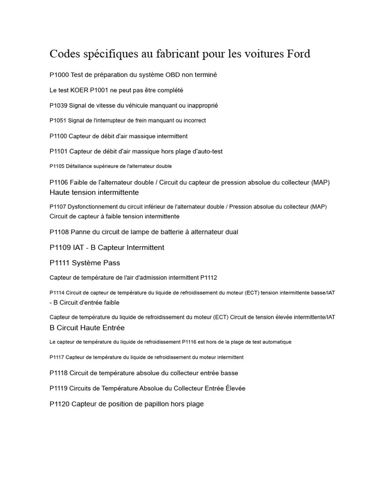 Codes d'erreur OBD pour voitures Ford | PDF | Allumage | Injection (moteur)