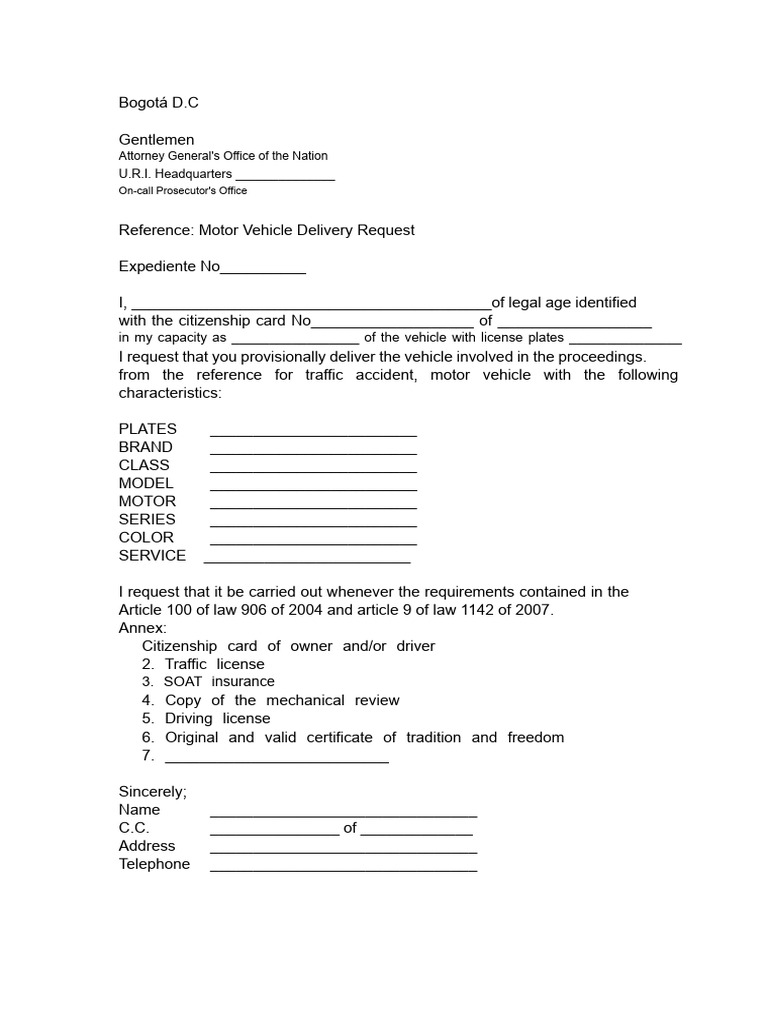 Motor Vehicle Delivery Request Form | PDF