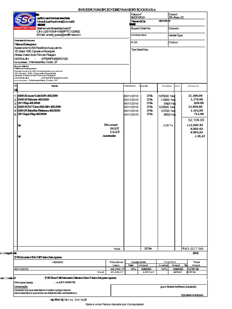 Invoice for Tyres and Accessories | PDF