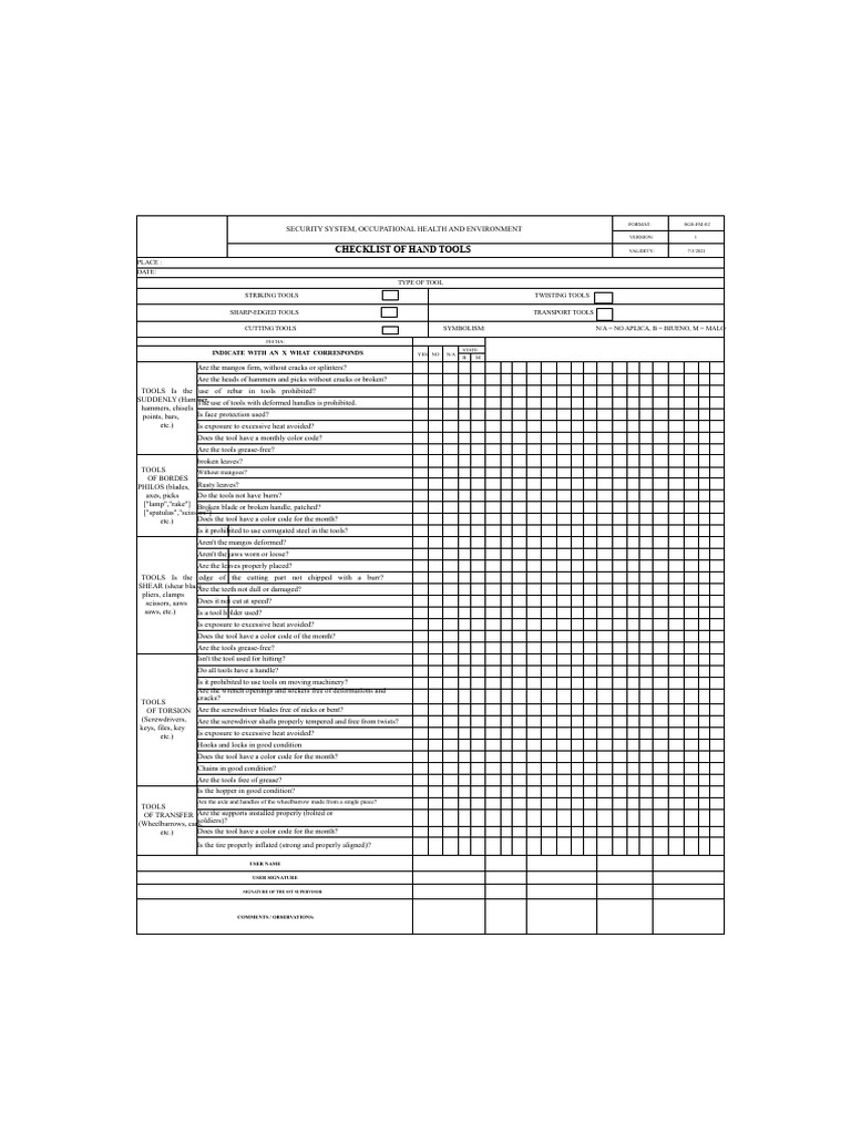 Manual Tool Inspection Format | PDF | Tools | Hammer