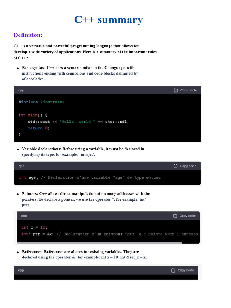 C++ Summary: Definition | PDF | Class (Computer Programming) | C++