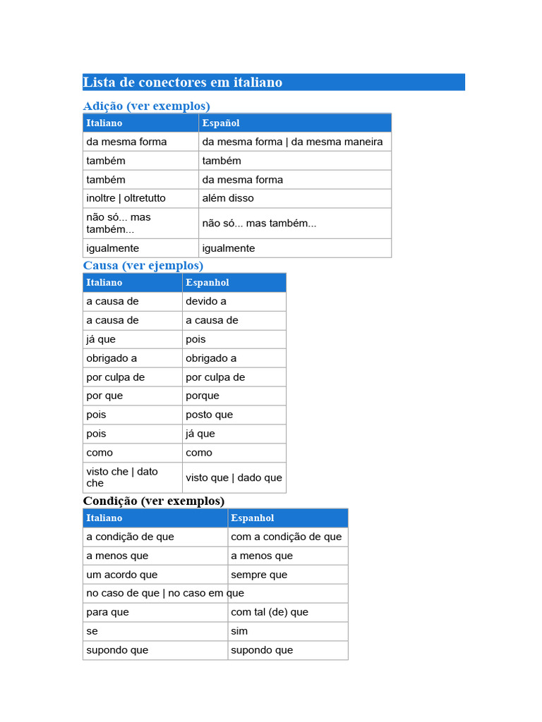 Conectores em Italiano: Guia Completo | PDF | Itália | Espanhol (idioma)