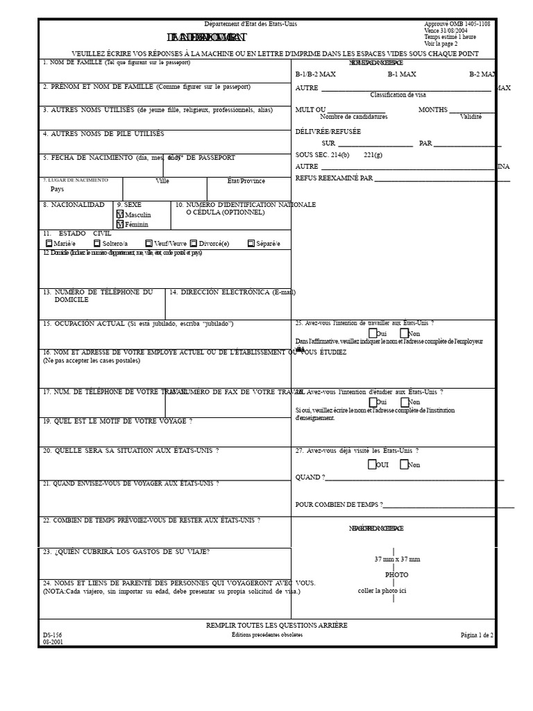 Demande de Visa Non-Immigrant DS-156 | PDF | Visa (Document ...