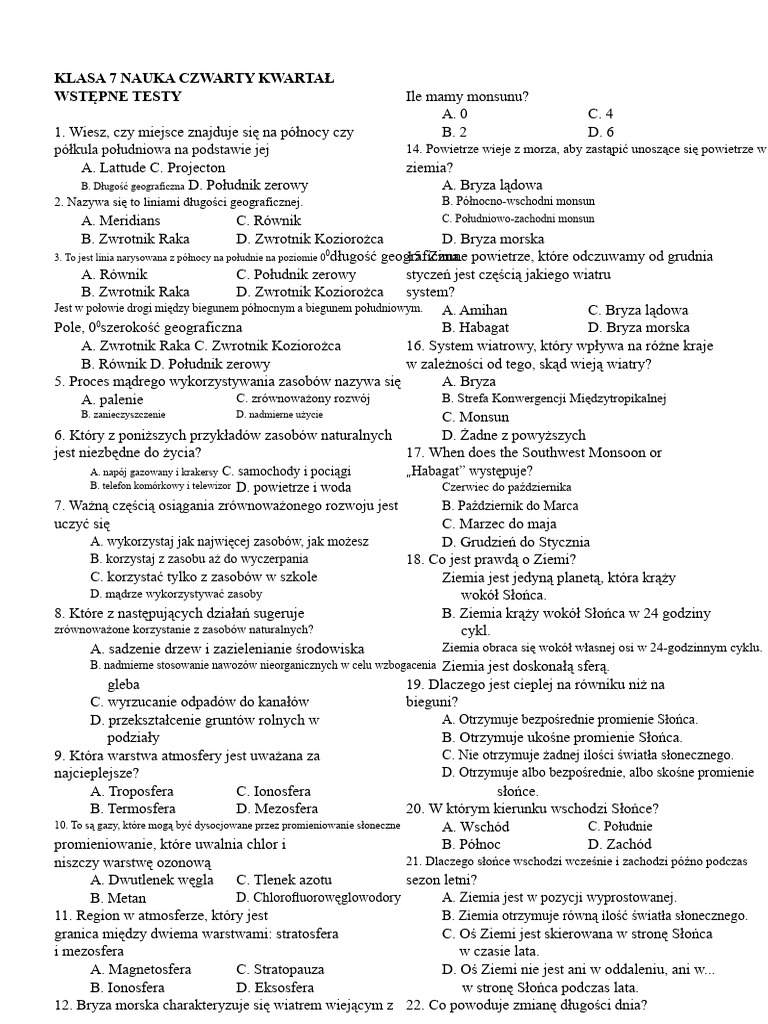 Test wstępny z nauki przyrody dla uczniów 7 klasy na 4. kwartał | PDF